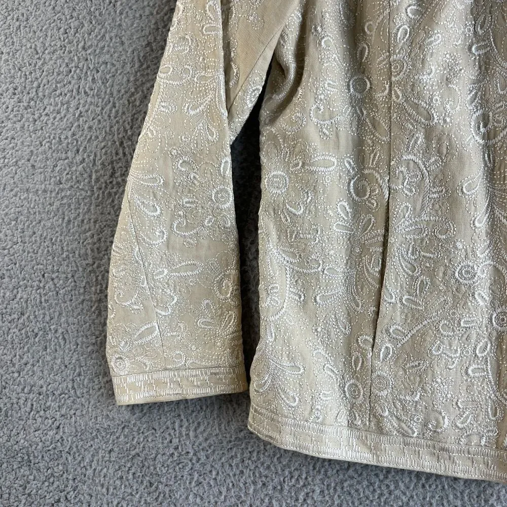 NEW Victor Costa Jacket Womens Medium Beige Blazer Linen Embroidered Floral Open